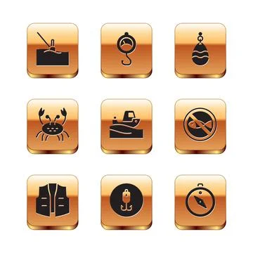 Set Fishing float in water, jacket, hook, boat on, Crab, spoon, Compass and S Illustrazione stock