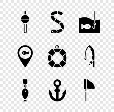 Set Fishing float, Worm, hook with fish, spoon, Anchor, net, Location fishi.. Illustrazione stock