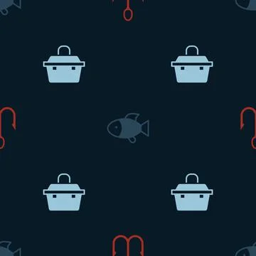 Set Fishing hook, and Case or box for fishing equipment on seamless pattern Stock Illustration