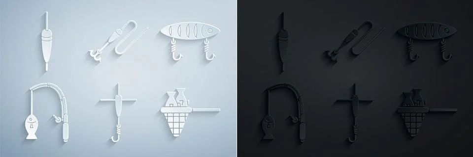 Set Fishing hook and float, lure, rod fish, net with, line and icon. Vector Stock Illustration