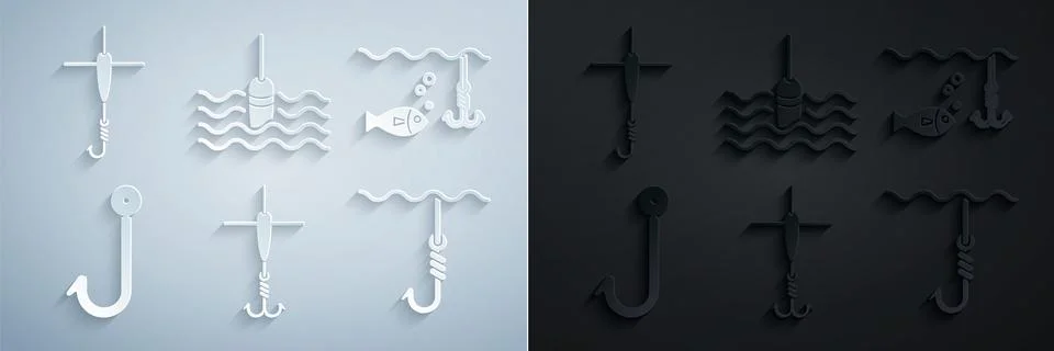 Set Fishing hook and float, under water with fish, and icon. Vector 库存插图