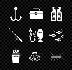 Set line Case or box for fishing, Fish, Lighthouse and Dried icon. Vector:  Royalty Free #208907838