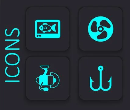 Set Fishing hook, finder echo sounder, Outboard boat motor and Spinning reel  스톡 일러스트