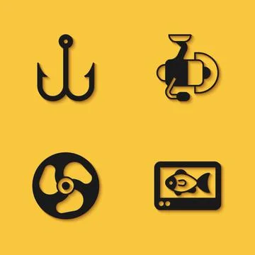 Set Fishing hook, finder echo sounder, Outboard boat motor and Spinning reel  Illustrazione stock