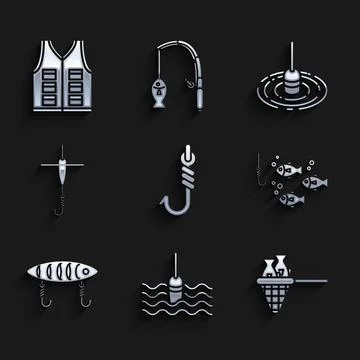 Set Fishing hook, float water, net with fish, under, lure, and,  and jacket i Stock Illustration