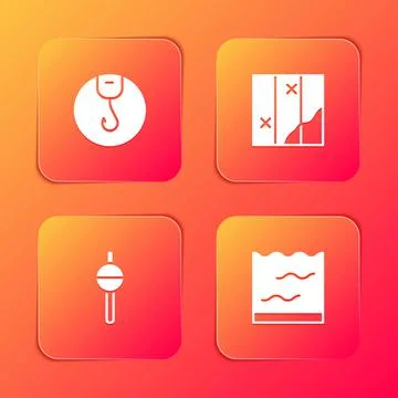 Set Fishing hook, Folded map, float and Aquarium icon. Vector Stock Illustration