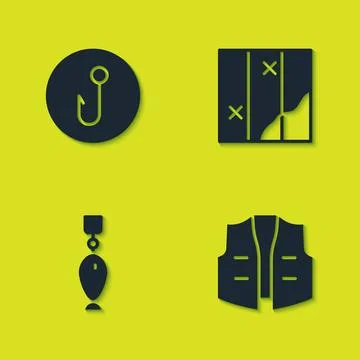 Set Fishing hook, jacket, spoon and Folded map icon. Vector Stock Illustration