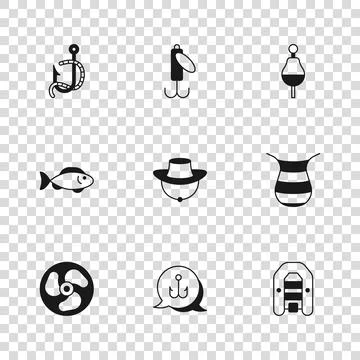 Set Fishing hook, net, Inflatable boat with motor, Fisherman hat, float, an.. Stock Illustration