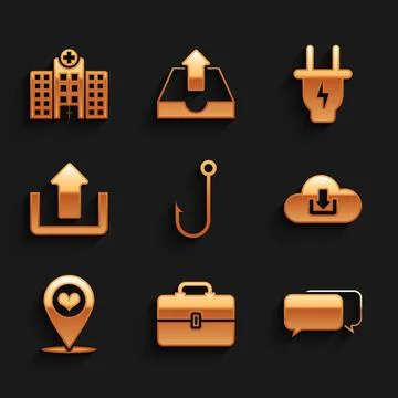 Set Fishing hook, Toolbox, Chat, Cloud download, Map pointer with heart and Stock Illustration