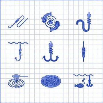 Set Fishing hook, trophy hanging on the board, under water with fish, float,  Stock Illustration