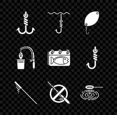 Set line Fishing rod and fish, net and hook under water icon. Glowing neon  Illustration #201425988