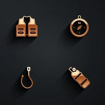 Set Fishing jacket, Compass, hook and Aqualung icon with long shadow. Vector Stock Illustration
