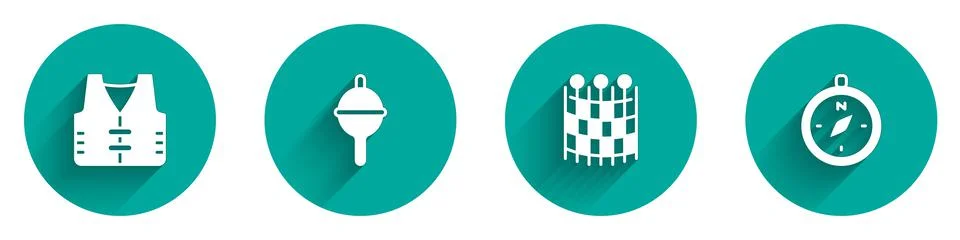 Set Fishing jacket, float, net pattern and Compass icon with long shadow. Vector Stock Illustration