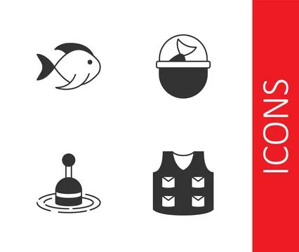 Set Fishing jacket, float water and bucket with fish icon. Vector Stock Illustration