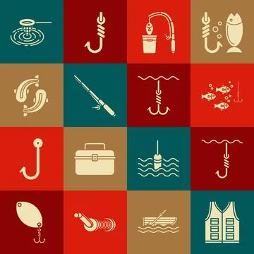 Set Fishing jacket, hook under water, with fish, rod and, net and icon. Vector Stock Illustration