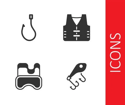 Set Fishing lure, hook, Diving mask and jacket icon. Vector Stock Illustration