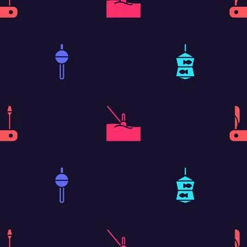 Set Fishing net with fish, float, water and Swiss army knife on seamless pattern Illustrazione stock