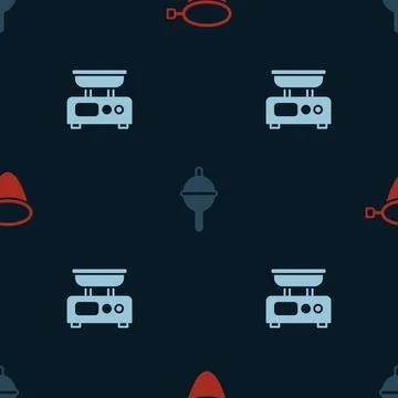 Set Fishing net, float and Electronic scales on seamless pattern. Vector Stock Illustration