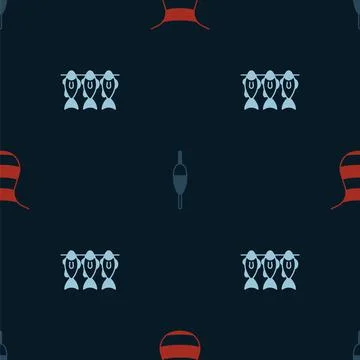 Set Fishing net, float and Dried fish on seamless pattern. Vector Stock Illustration