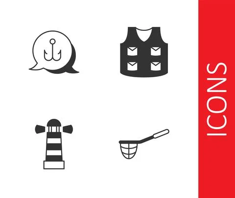 Set Fishing net, hook, Lighthouse and jacket icon. Vector Stock Illustration