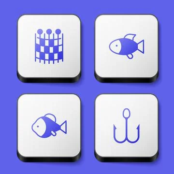 Set Fishing net pattern, and hook icon. White square button. Vector Stock Illustration