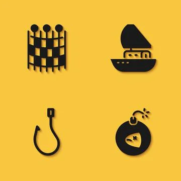 Set Fishing net pattern, Bomb, hook and Yacht sailboat icon with long shadow イラスト素材