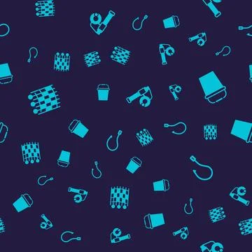 Set Fishing net pattern, bucket, rod and hook on seamless pattern. Vector Stock Illustration