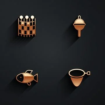 Set Fishing net pattern, float, and icon with long shadow. Vector Illustrazione stock