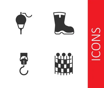 Set Fishing net pattern, float, Spring scale and boots icon. Vector Stock Illustration