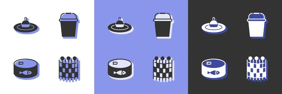 Set Fishing net pattern, float water, Canned fish and bucket icon. Vector Stock Illustration