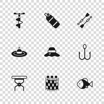 Set Fishing net pattern, hook, Fisherman hat, Oars or paddles boat, Hand ic.. Stock Illustration