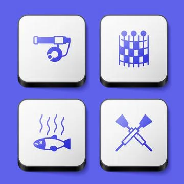 Set Fishing rod, net pattern, Dead fish and Crossed oars or paddles boat icon Stock Illustration