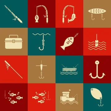 Set Fishing spoon, hook, float water, rod and fish, under, Case or box container Stock Illustration