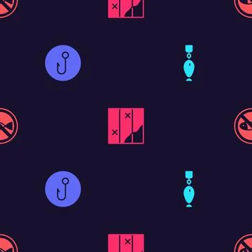 Set Fishing spoon, hook, Folded map and No fishing on seamless pattern. Vector イラスト素材