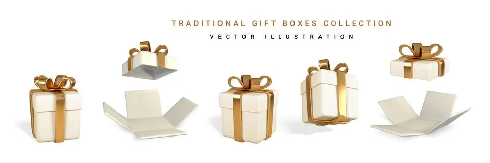 Set of five 3D render and draw by mesh realistic gift box with bow. Paper box Stock Illustration
