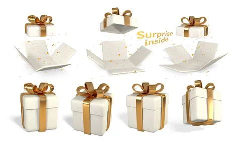 Set of five 3D render and draw by mesh realistic gift box with bow. Paper box Stock Illustration