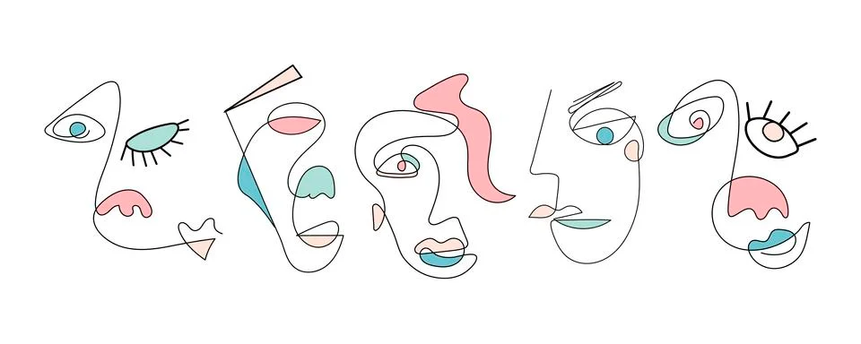 Set of five abstract face one line drawing. Portrait minimalistic style. Fine Stock Illustration
