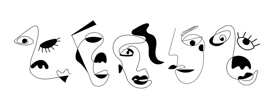 Set of five abstract face one line drawing. Portrait minimalistic style. Fine Stock Illustration