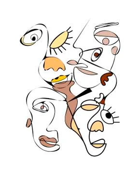 Set of five abstract face one line drawing. Portrait minimalistic style. Fine Stock Illustration