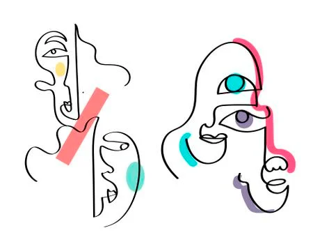 Set of five abstract face one line drawing. Portrait minimalistic style. Fine Stock Illustration