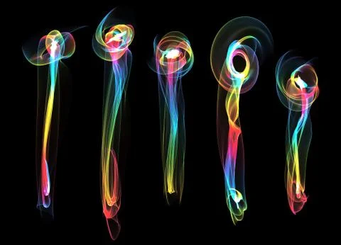Set of five abstract raibow smoke fire brushes flowers over black background Ilustração Stock