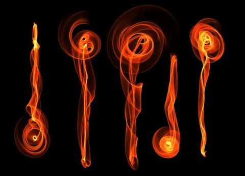 Set of five abstract red orange smoke fire brushes flowers over black backgro Ilustração Stock