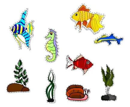 Set of five aquarium fish. Bright colorful flat fish. Stock Illustration
