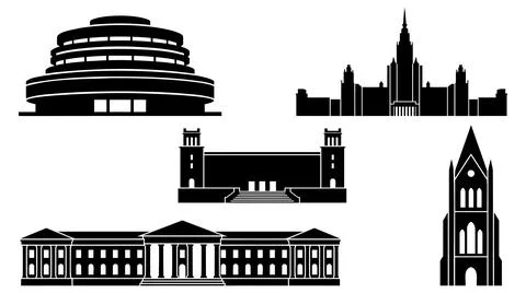 Set of five architectural building silhouettes with tall gothic style steeple Stock Illustration