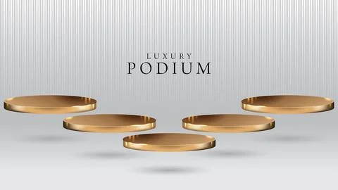 Set of five beatiful golden stage, pedestal or podium in stripped studio ba.. Illustrazione stock