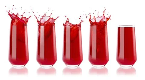 Set of five berry red cold juices in glass with reflection, calm and with b.. Stock Photos