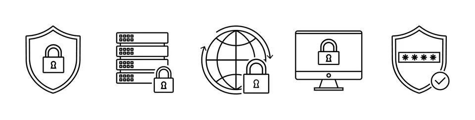 Set of five black and white security icons with locks and shields computer Stock Illustration