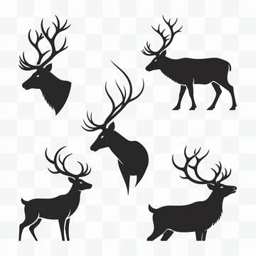 Set of five black silhouette illustrations of deer and stags with large antlers Stock Illustration