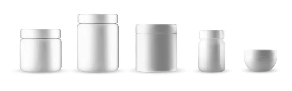 Set of five blank white plastic containers in various shapes and sizes for Stock Illustration