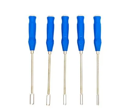 Set of five blue-handled lock pick tools on white background Stock Photos